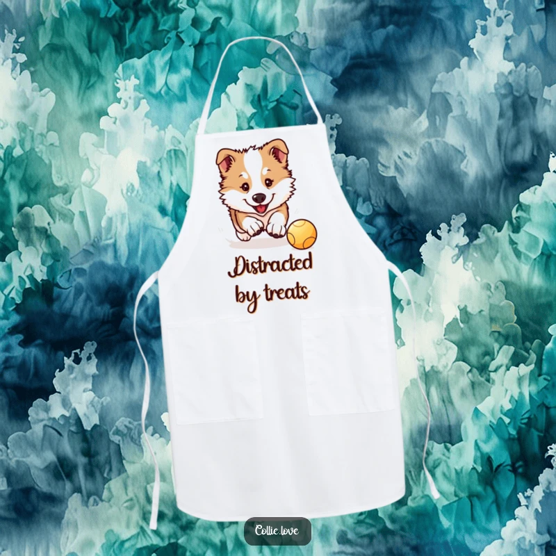 Funny Collie Puppy Apron: A cute Kawaii Collie puppy chases a bouncing ball, ideal for kitchen fun.