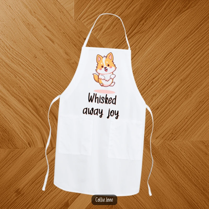 Funny Kawaii Collie Apron, a dog doing a happy spin while cooking, great kitchen accessory.