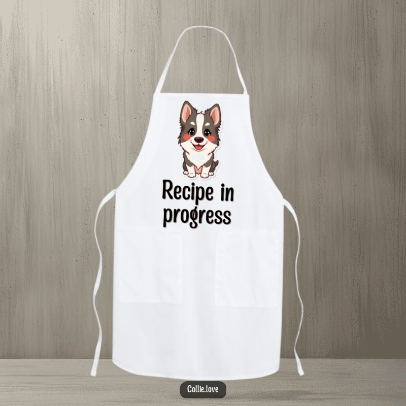 Funny Collie head tilt apron for cooking, featuring a dog's adorable quizzical expression. Useful and funny gift.