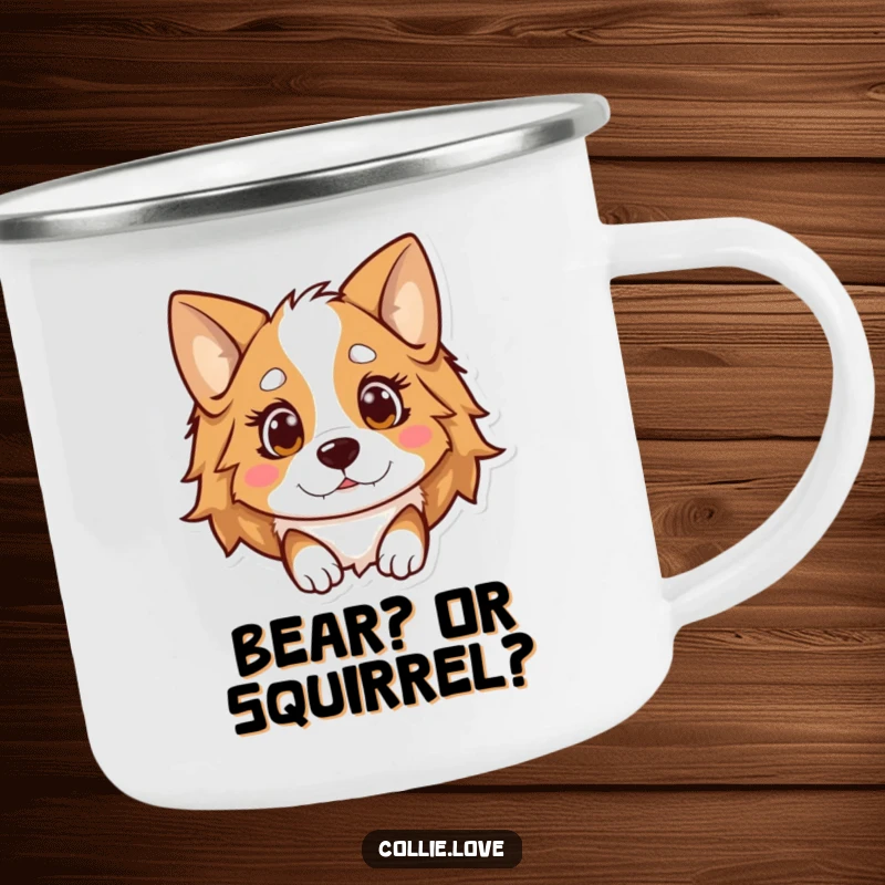 Funny Kawaii Collie Camping Mug, a surprised dog with ears down, great for camping trips.