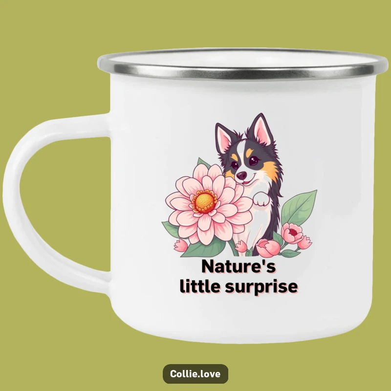 Durable Funny Collie Flower Peek Camping Mug: Adventure Blooms with Joy