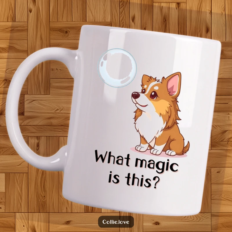 Funny Collie Dog Mug: A curious Collie tilts its head, mesmerized by a floating bubble, showcasing playful wonder and gentle humor.