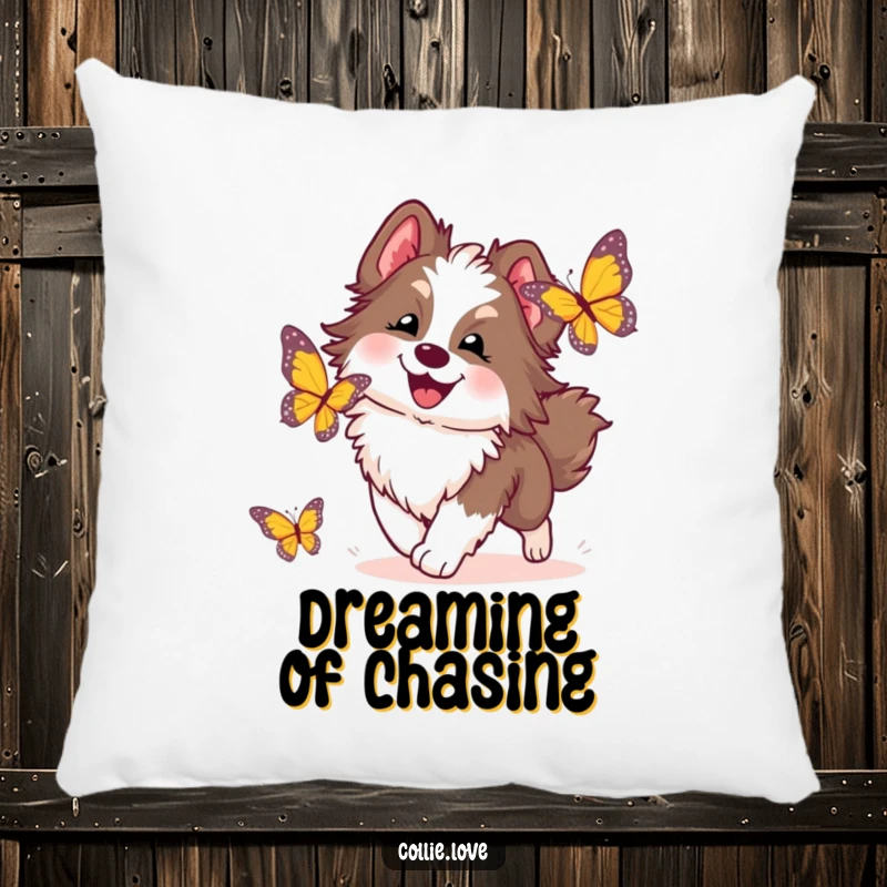 Funny Collie Dog Pillow: A fluffy Collie joyfully leaping after a butterfly, designed for comfort and a touch of humor.