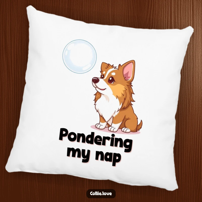 Funny Collie Dog Pillow: A curious Collie looking at a bubble with a head tilt, designed for comfort and a touch of lightheartedness.