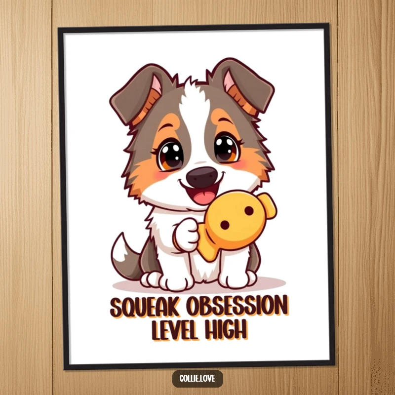Funny Collie dog digital art print, offering a squeaky toy with an eager gaze, cute and full of playful canine energy.