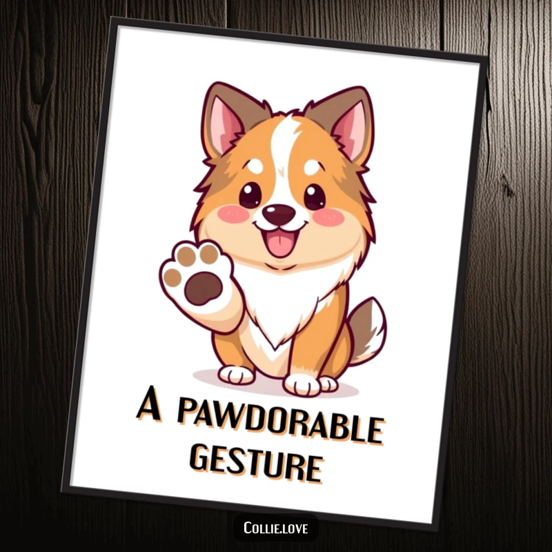 Funny Kawaii Collie Poster, a dog offering its paw with a smile, great for wall decor.
