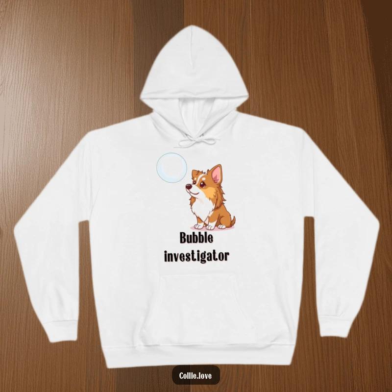 Funny Collie Dog Hoodie: A curious Collie intently observing a floating bubble, designed for warmth and a touch of playful contemplation.