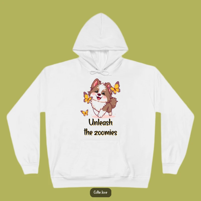 Cozy Funny Collie Dog Hoodie: Warm and Humorous Butterfly Chasing Design, Ideal Gift