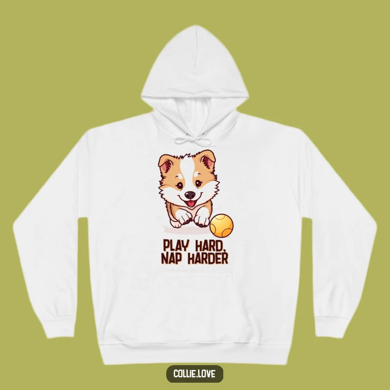Cozy Funny Collie Puppy Hoodie: Kawaii Collie Chases Ball, Warm & Cute