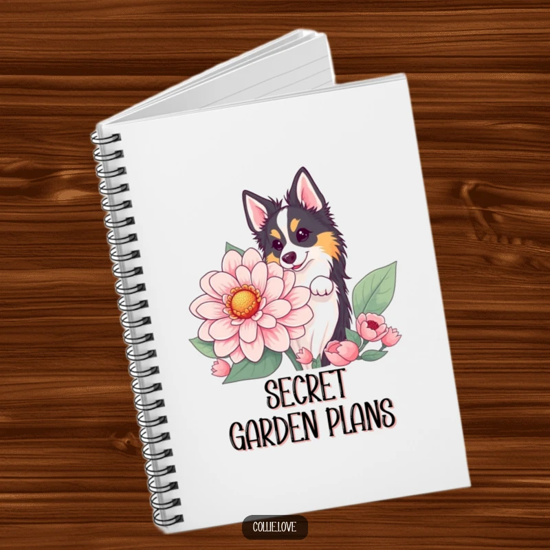 Funny Collie flower peek notebook, showing a dog peeking from behind a large flower. Cute stationery funny gift.