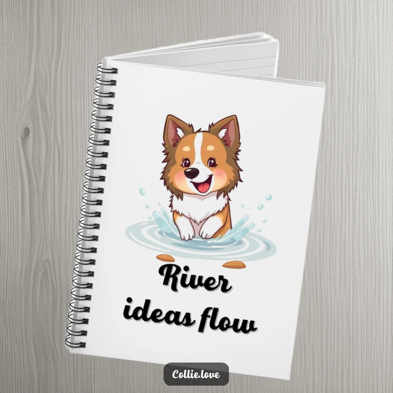 Funny Collie dog notebook, happily splashing in a shallow stream with delight, perfect for jotting down refreshing ideas.